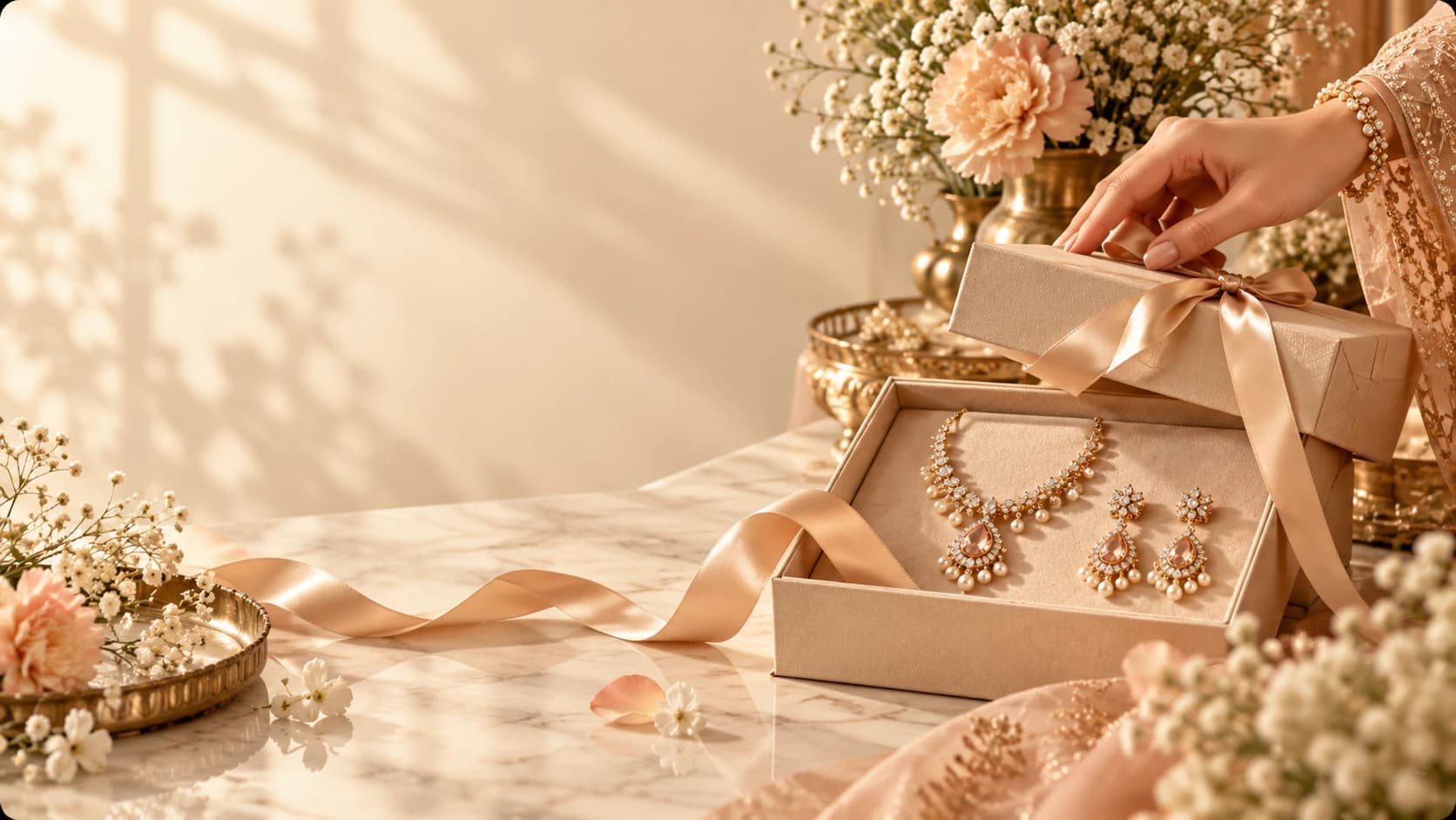 A jewellery gift box being opened, tied with a blush ribbon