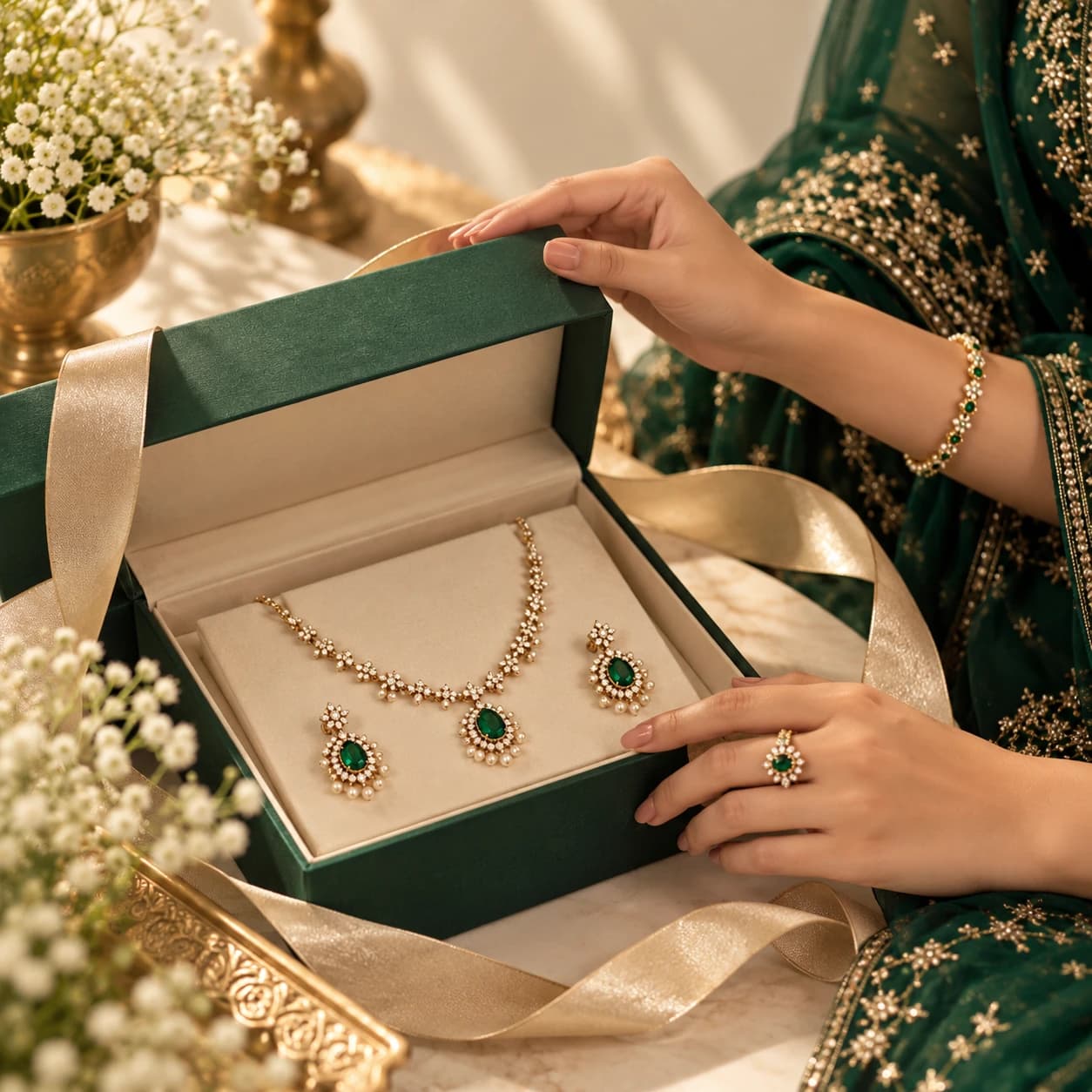 A necklace and earrings in an open green gift box