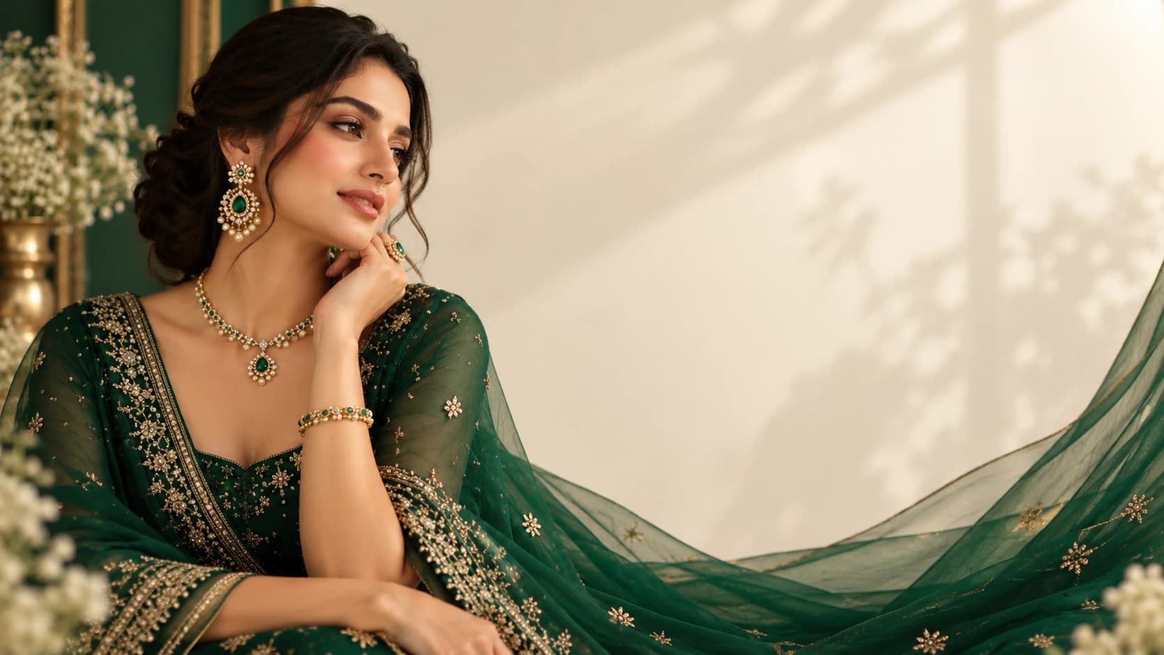 Portrait in an emerald outfit with statement earrings and a necklace