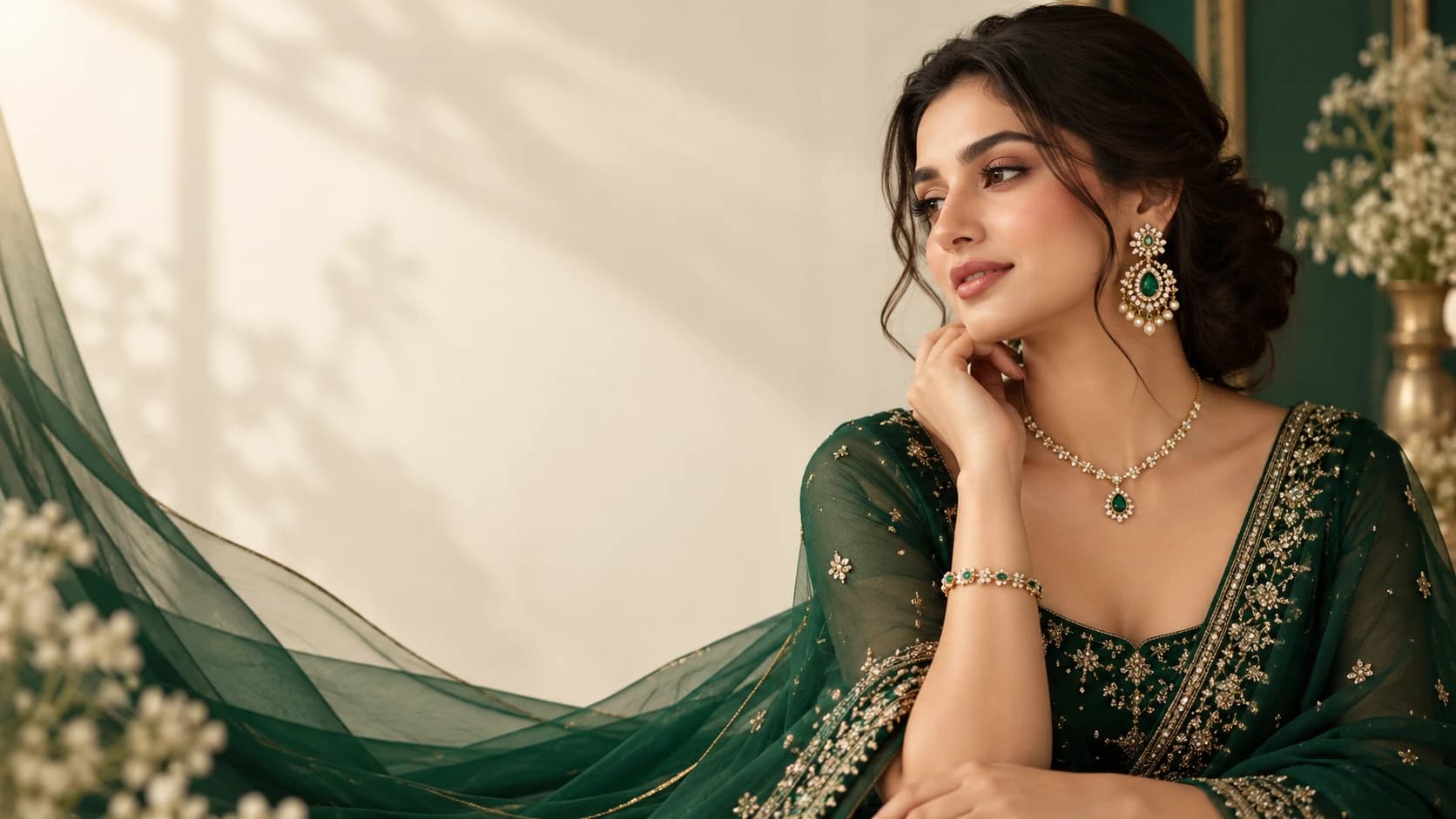 Portrait in an emerald outfit with drop earrings