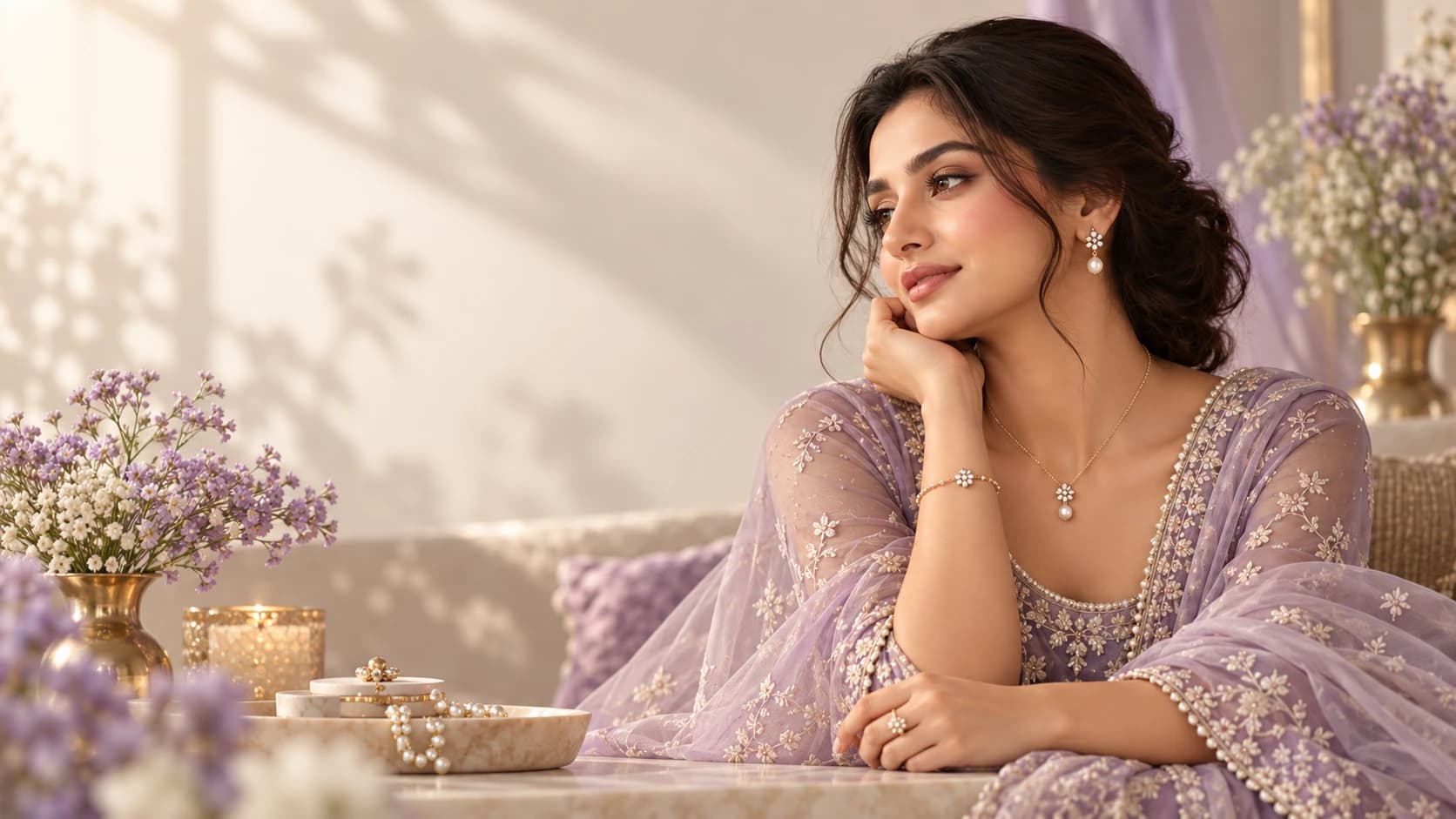 Portrait in a lilac outfit with pearl jewellery