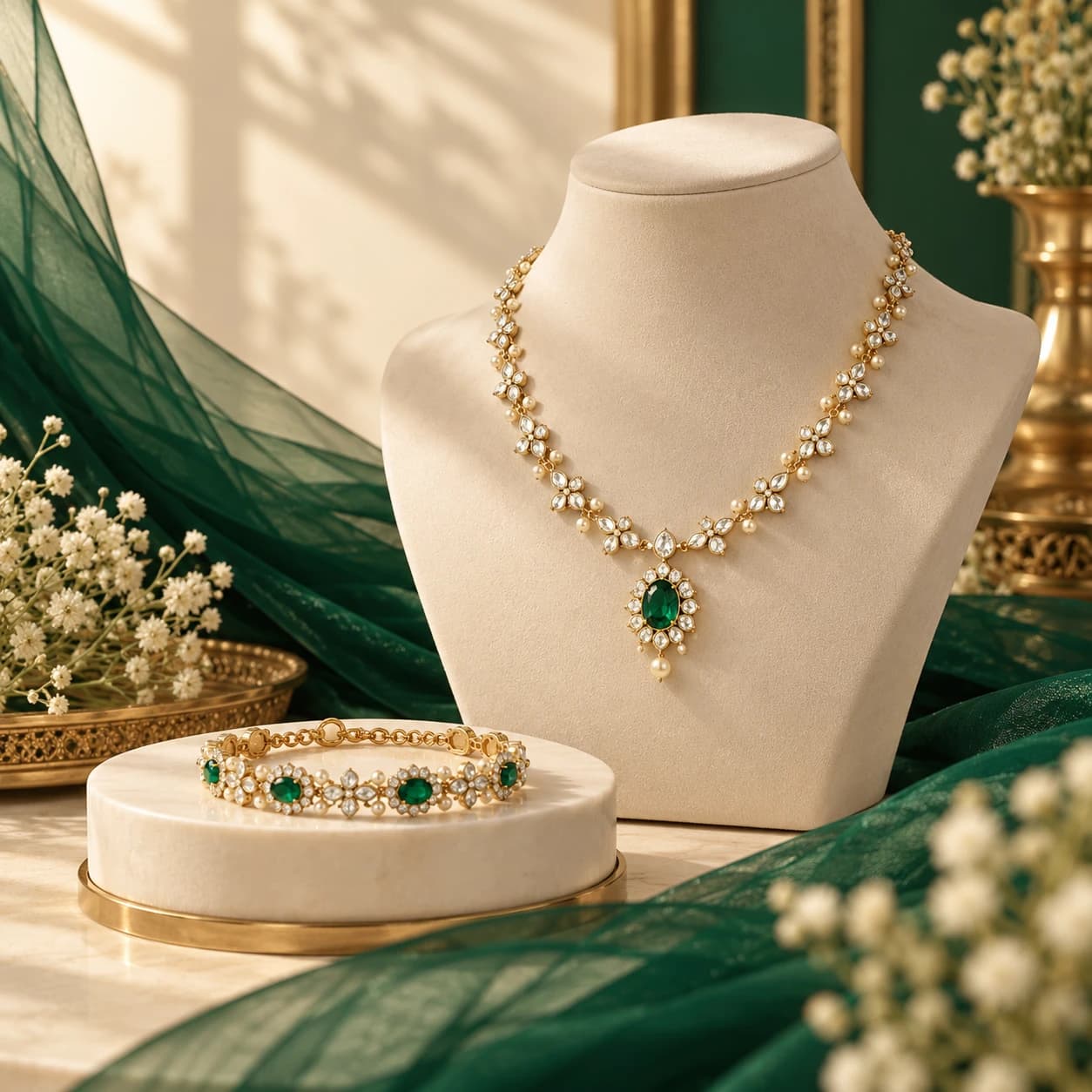 An emerald and pearl necklace on a display bust, with a matching bracelet