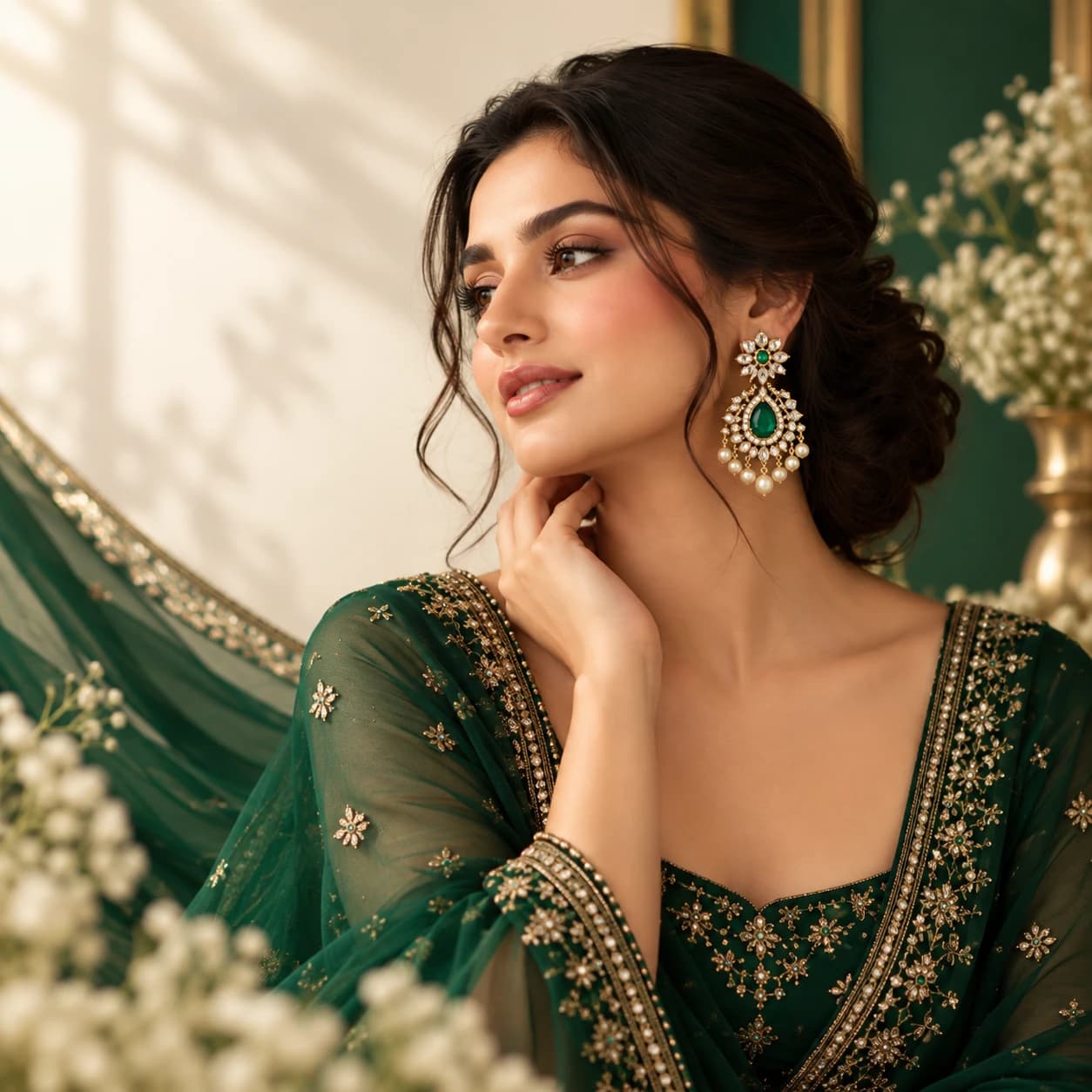Close portrait with an emerald drop earring