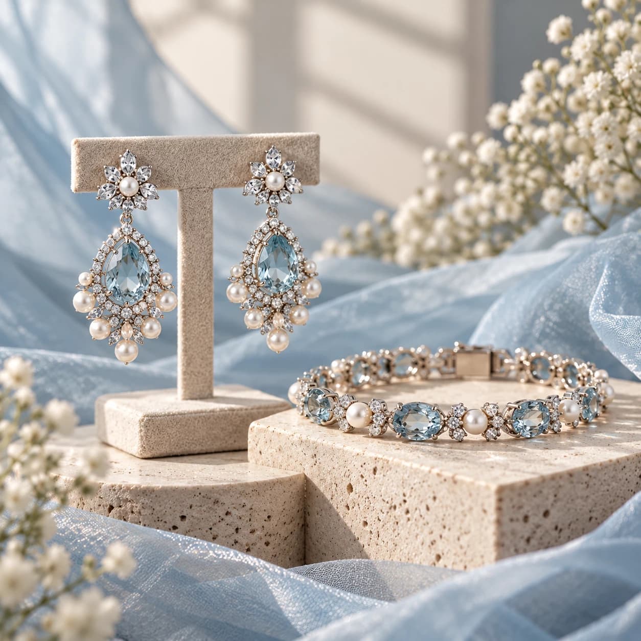 Pale blue drop earrings and a matching bracelet