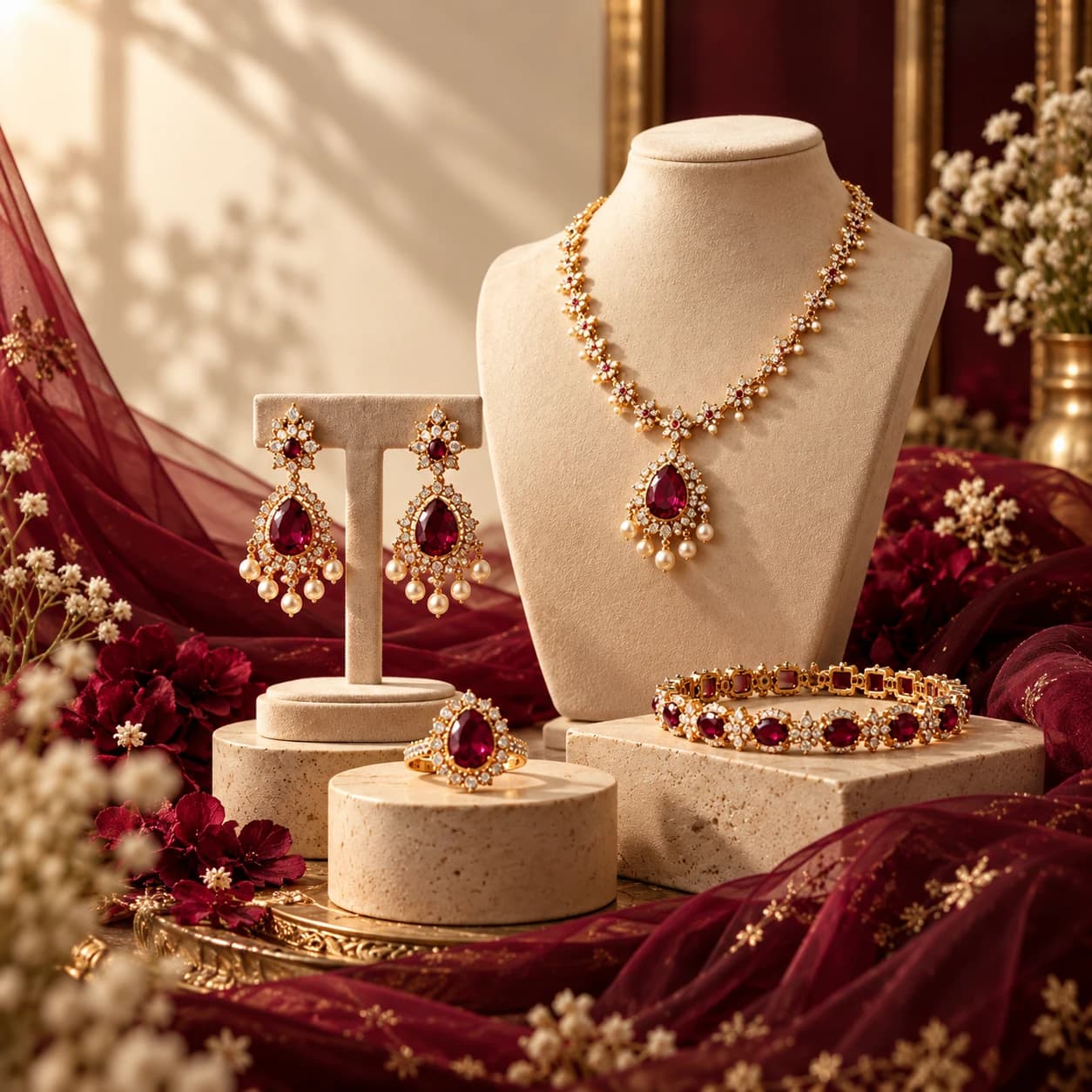 A ruby-toned necklace, earrings, ring and bracelet on display stands