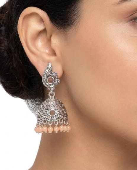 Antique Silver Jhumkas with Peach Bead Droplets