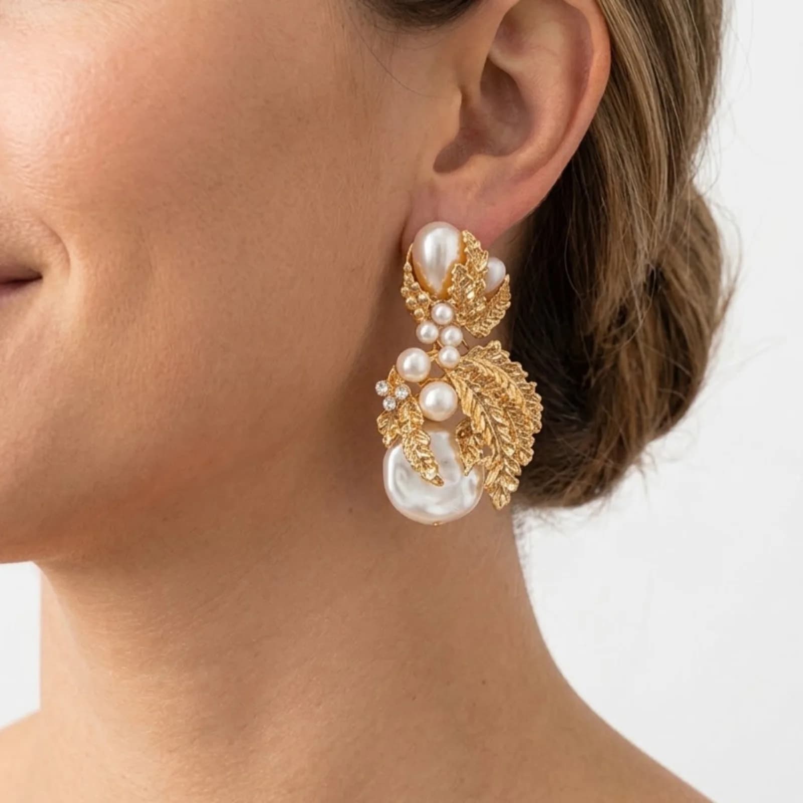 Golden Leaf & Baroque Pearl Drop Earrings