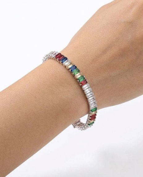Decorated with multi-color baguette-cut stones for a bright and elegant look Modern bracelet design with a stylish and sophisticated finish Lightweight construction for comfortable all-day wear Secure clasp closure for easy and reliable fastening Suitable for casual wear, parties, dinners, and festive occasions A great gift choice for birthdays, anniversaries, and celebrations Easy to pair with other jewelry pieces for a complete look