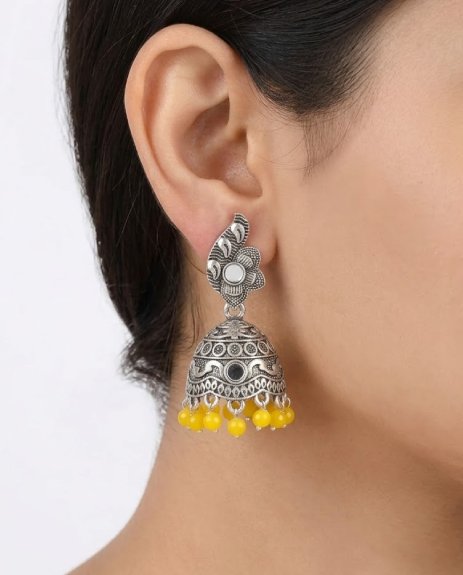 Antique Silver Floral Jhumka Earrings with Yellow Beads