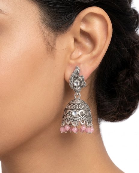 Antique Silver Floral Jhumka Earrings with Pink Beads