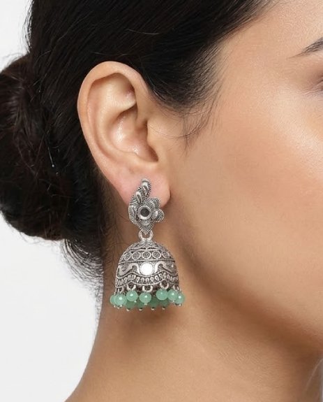 Elegant Oxidized Silver Jhumka Earrings with Green Beads