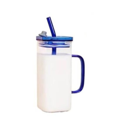 Glass Mug with Straw 400ml Blue