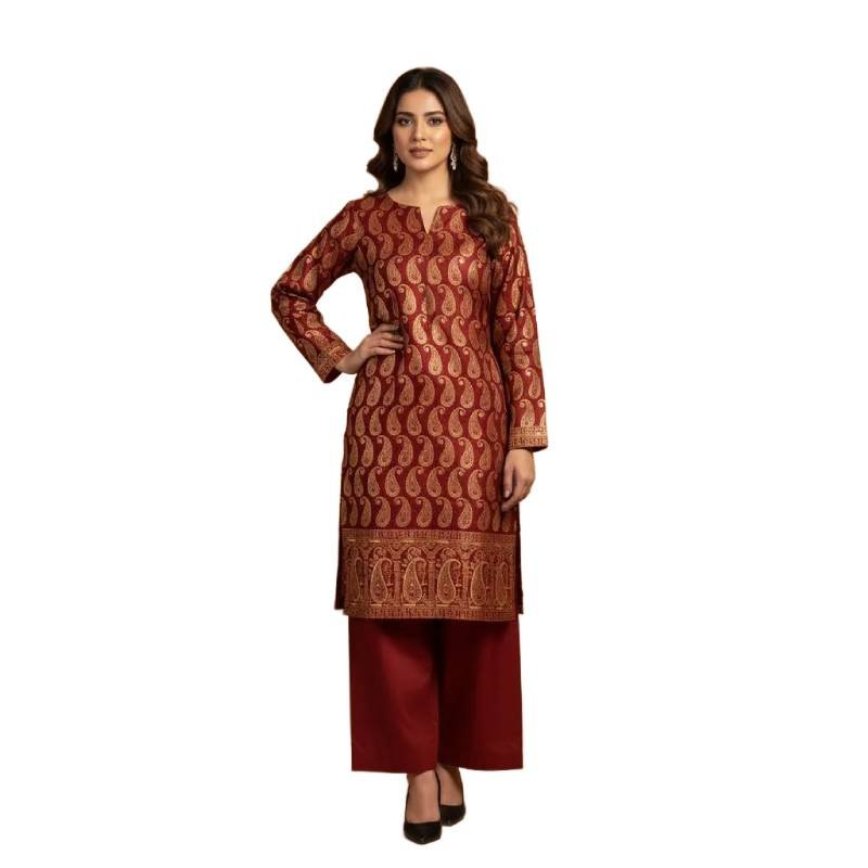 2 Pcs Women's Unstitched Block Printed Suit Maroon