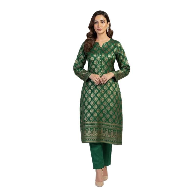 2 Pcs Women's Unstitched Block Printed Suit Green