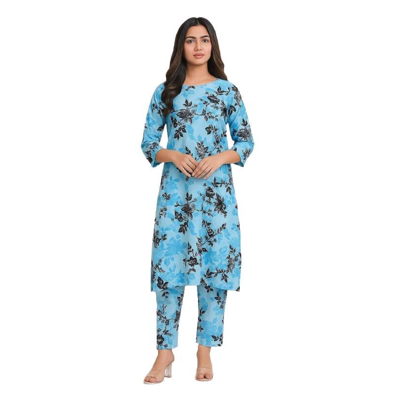 2 Pcs Women's Unstitched Printed Suit Sky Blue