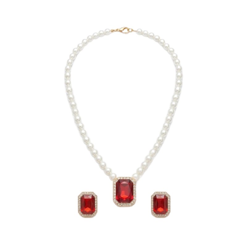 Ruby Pearl Necklace Set Bridal Jewelry
