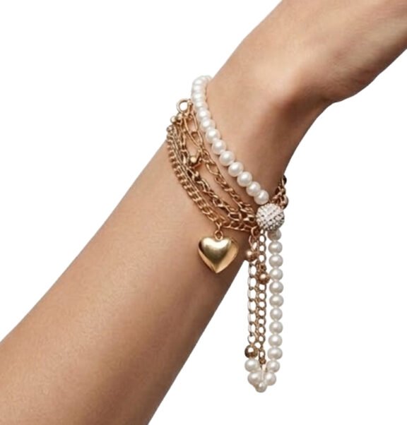 Imported Golden Steel Pearl Heart Bracelet White