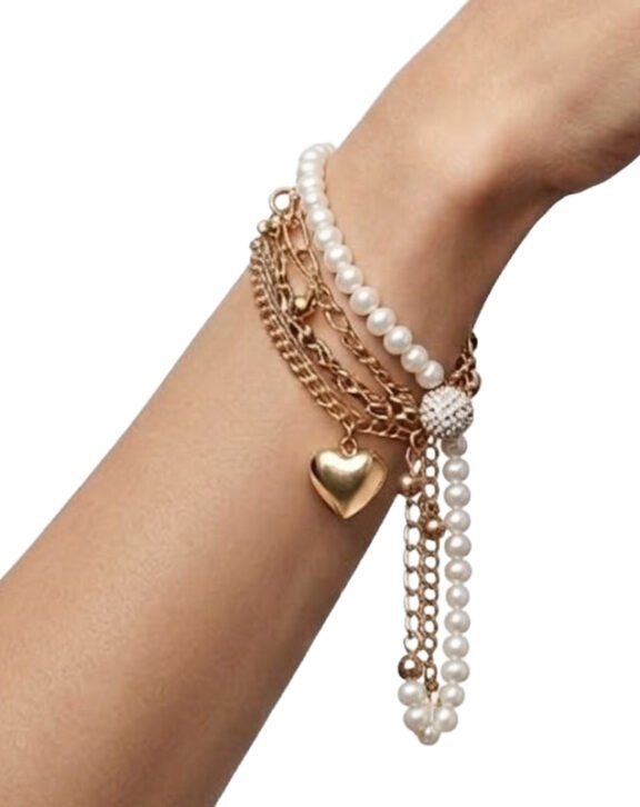 Imported Golden Steel Pearl Heart Bracelet White
