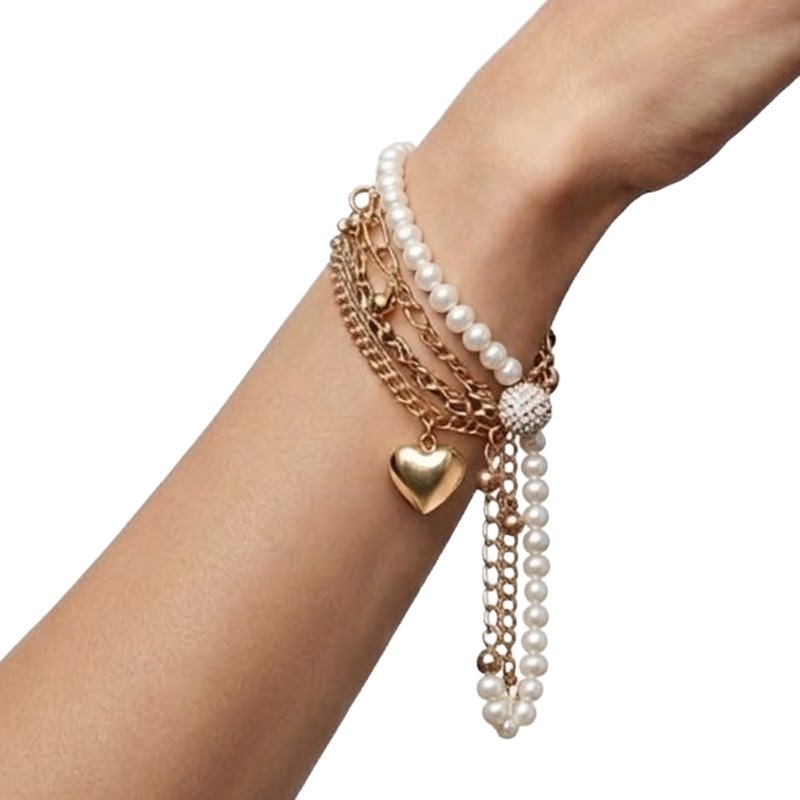 Imported Golden Steel Pearl Heart Bracelet White