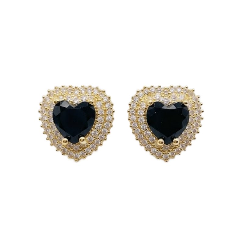 Black Heart Crystal Stud Earrings Golden