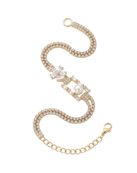 Elegant Golden Pearl & Crystal Floral Bracelet