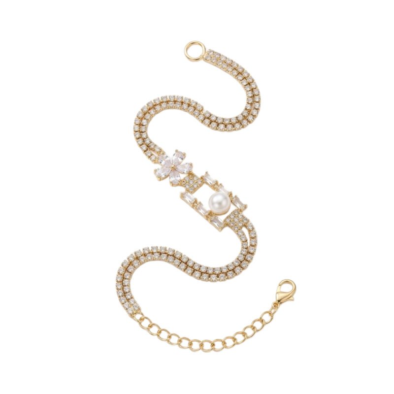 Elegant Golden Pearl & Crystal Floral Bracelet