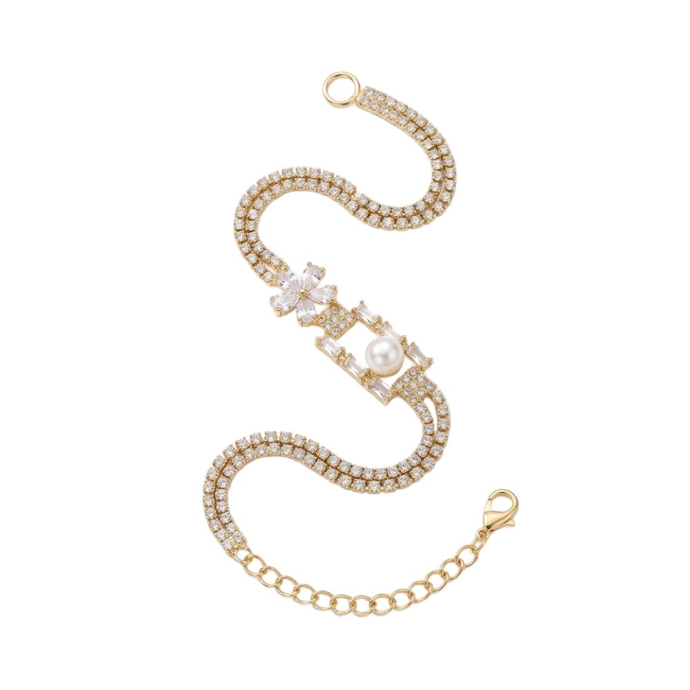 Elegant Golden Pearl & Crystal Floral Bracelet