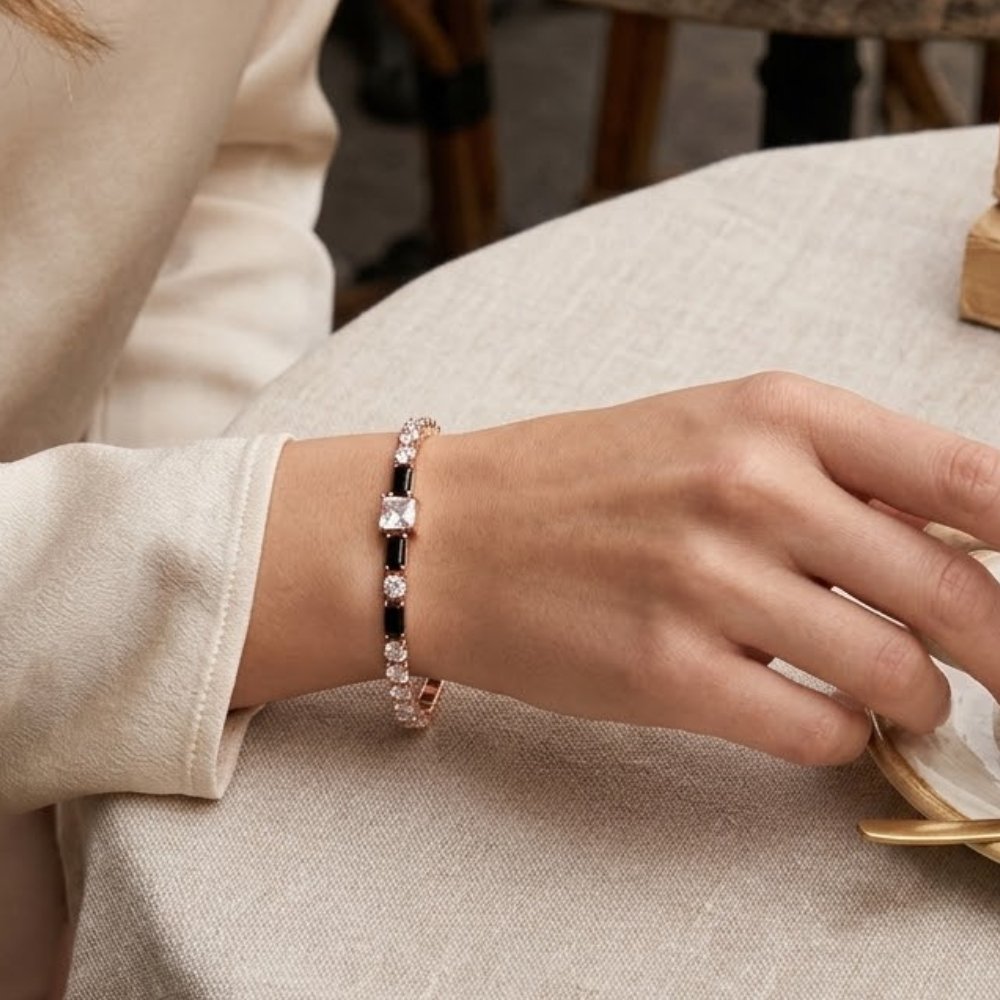 Elegant Black & Rose Gold Crystal Bracelet