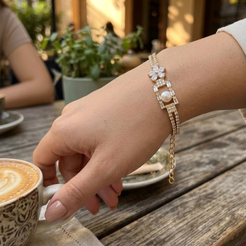 Elegant Golden Pearl & Crystal Floral Bracelet - Image 2