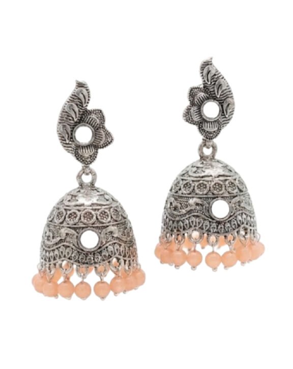 Antique Silver Jhumkas with Peach Bead Droplets