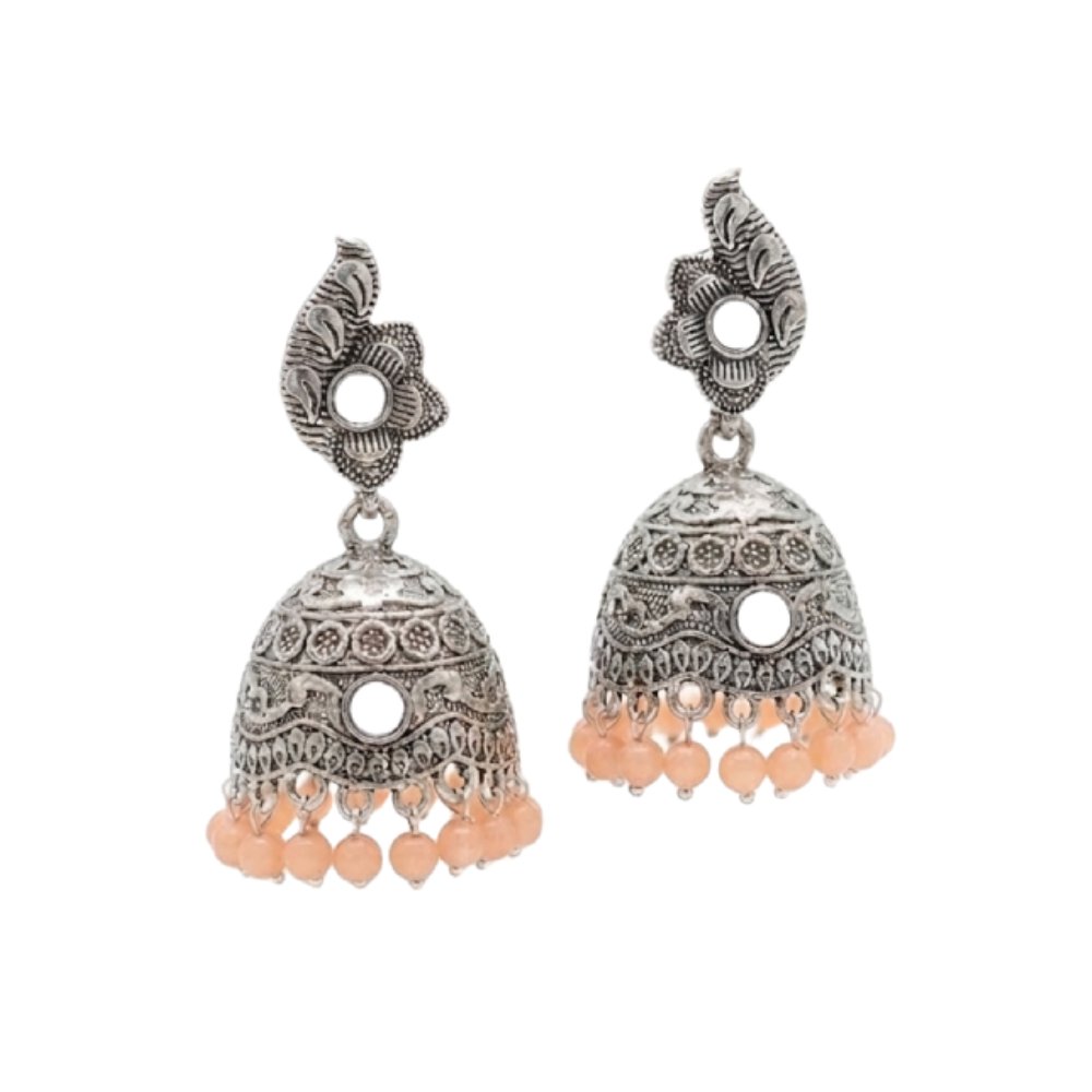 Antique Silver Jhumkas with Peach Bead Droplets