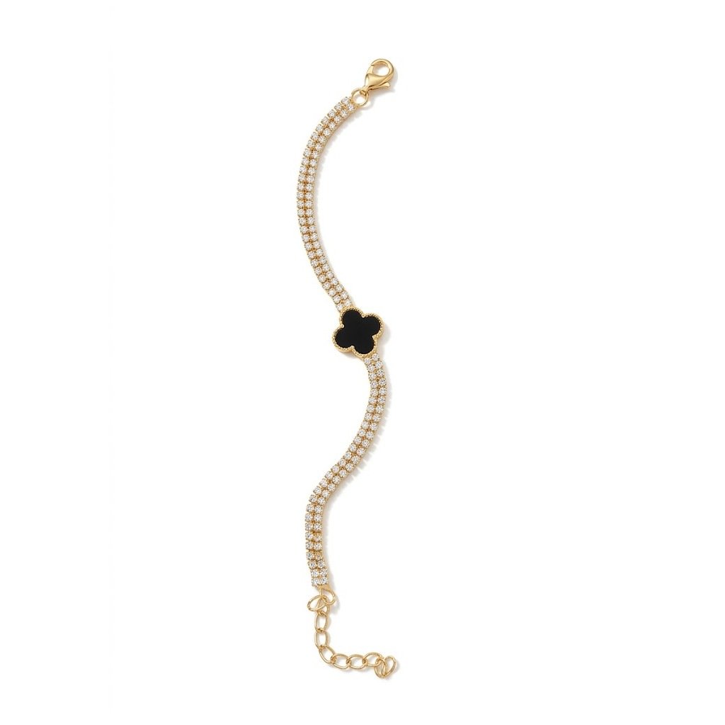 Elegant Clover Design: Iconic black clover charm for a stylish and meaningful look Premium Finish: High-quality gold-tone plating for a rich appearance Sparkling Crystals: Embedded crystals that add brilliance and shine Lightweight & Comfortable: Designed for all-day wear without discomfort Secure Clasp: Strong and easy-to-use lock for a perfect fit Versatile Accessory: Ideal for casual wear, parties, or special occasions Why You Should Purchase This Bracelet: Timeless Style – A classic design that never goes out of fashion Perfect Gift Option – Great for birthdays, anniversaries, or loved ones Adds Instant Elegance – Enhances both simple and dressy outfits Luxury at an Affordable Price – Premium look without overspending Symbolic Meaning – Clover represents luck and positivity