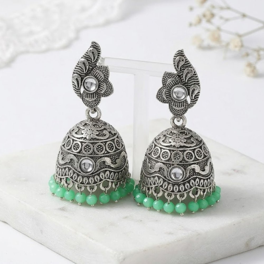 Elegant Oxidized Silver Jhumka Earrings with Green Beads