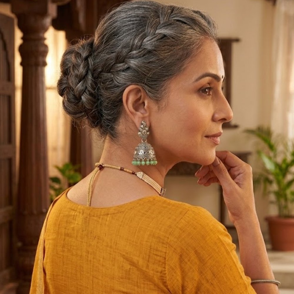 Elegant Oxidized Silver Jhumka Earrings with Green Beads