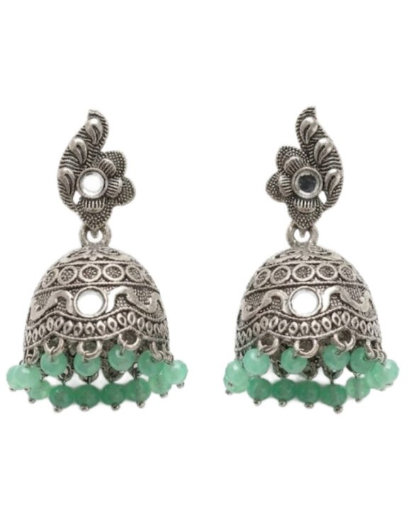 Elegant Oxidized Silver Jhumka Earrings with Green Beads