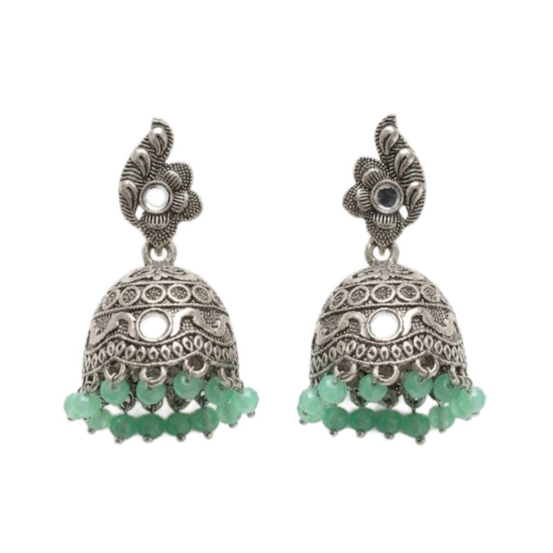 Elegant Oxidized Silver Jhumka Earrings with Green Beads