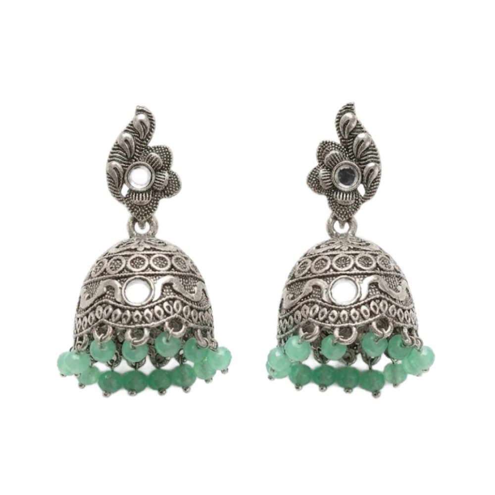 Elegant Oxidized Silver Jhumka Earrings with Green Beads