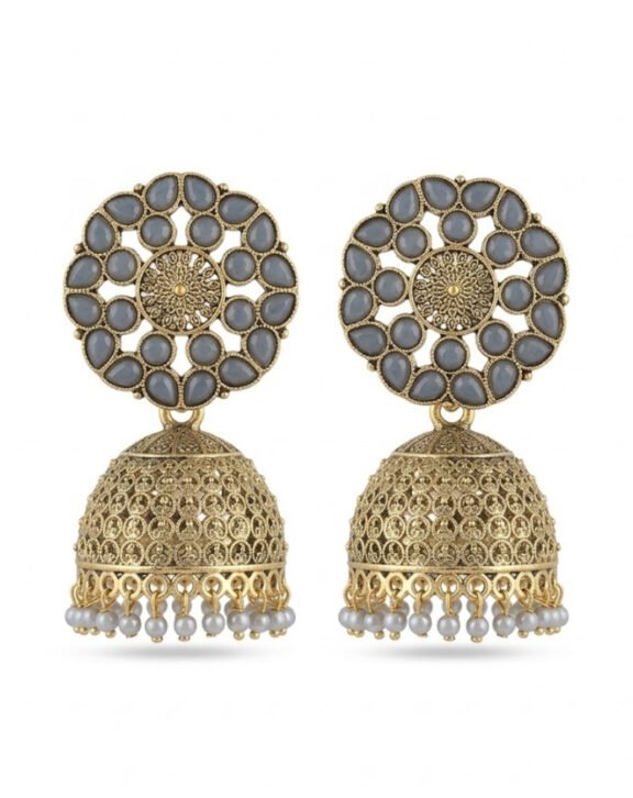 Antique Golden Jhumka Earrings with Grey Beads