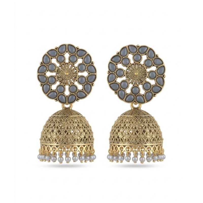 Antique Golden Jhumka Earrings with Grey Beads