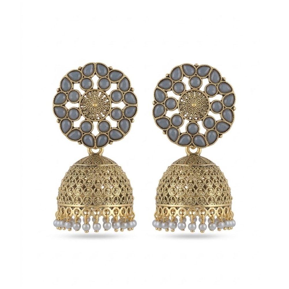 Antique Golden Jhumka Earrings with Grey Beads