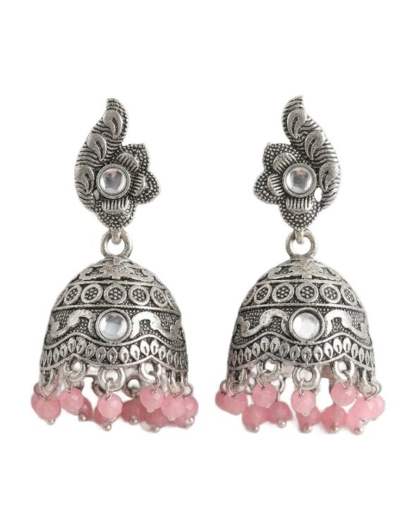Antique Silver Floral Jhumka Earrings with Pink Beads