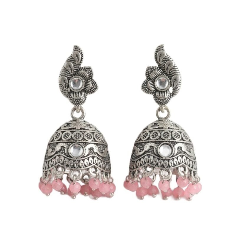 Antique Silver Floral Jhumka Earrings with Pink Beads