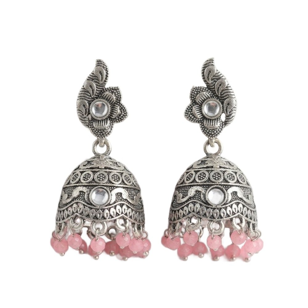 Antique Silver Floral Jhumka Earrings with Pink Beads