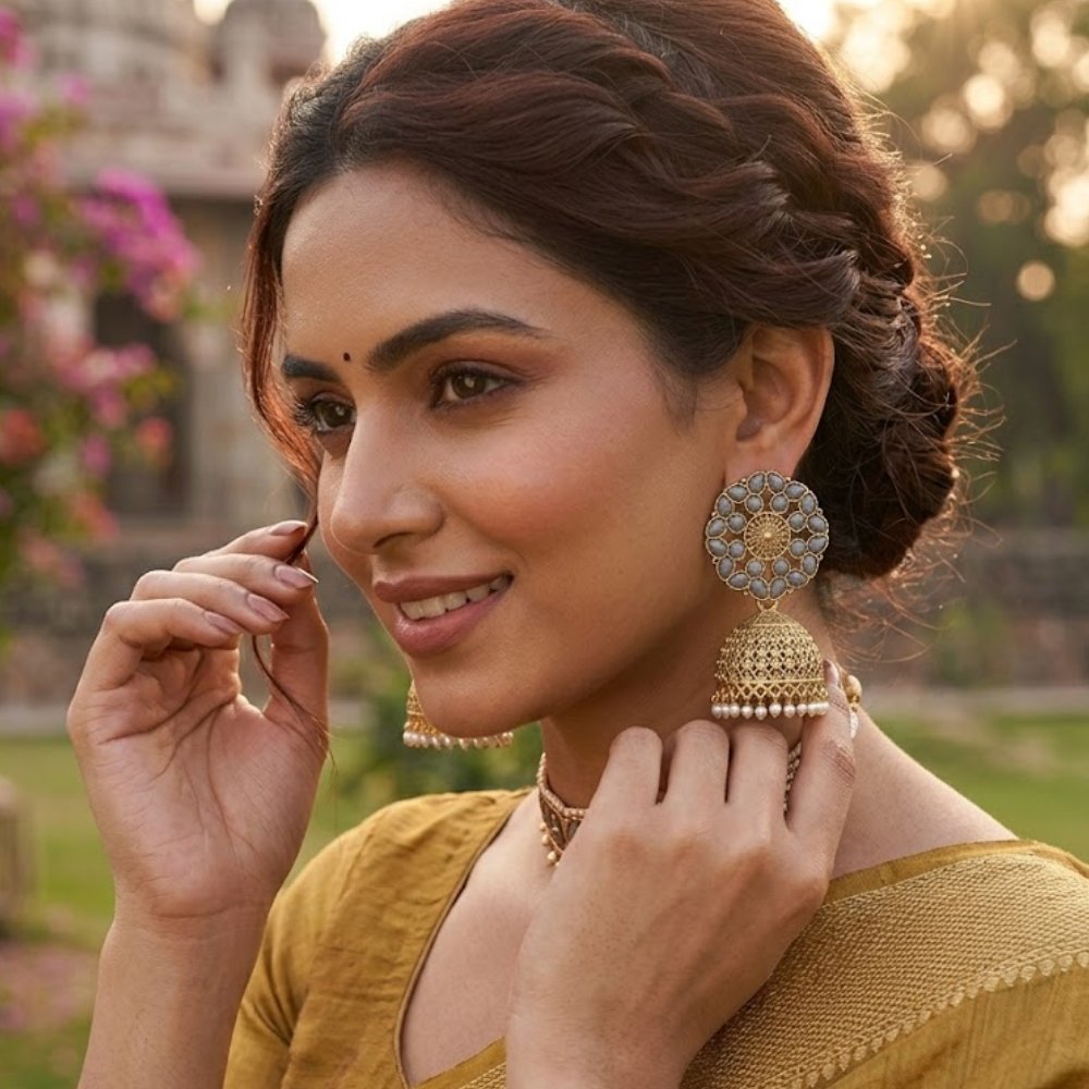 Antique Golden Jhumka Earrings with Grey Beads