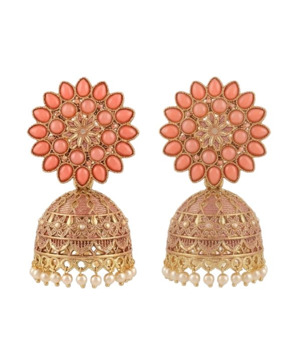 Rose Gold & Pink Floral Jhumka Earrings with Pearl Drops