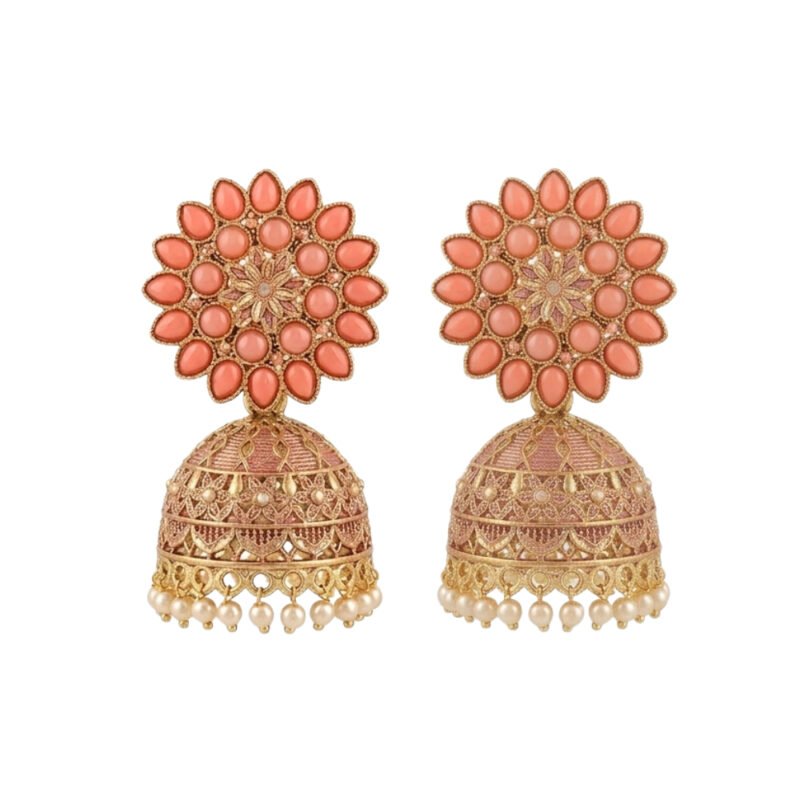 Rose Gold & Pink Floral Jhumka Earrings with Pearl Drops