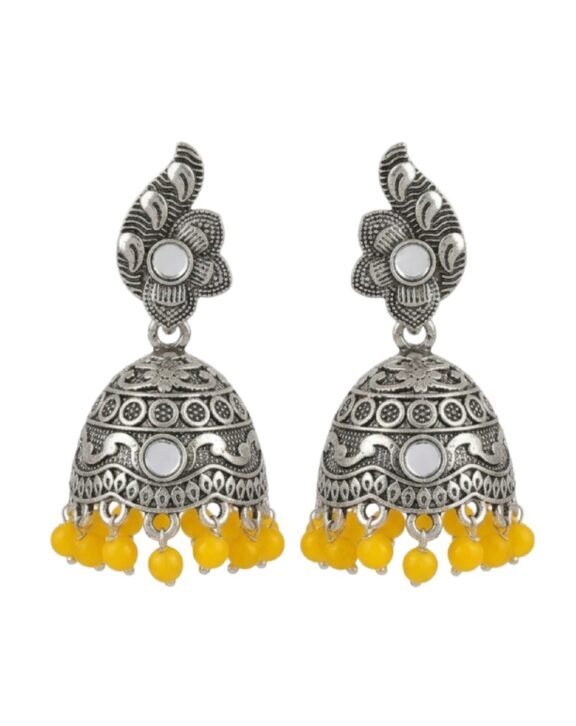 Antique Silver Floral Jhumka Earrings with Yellow Beads