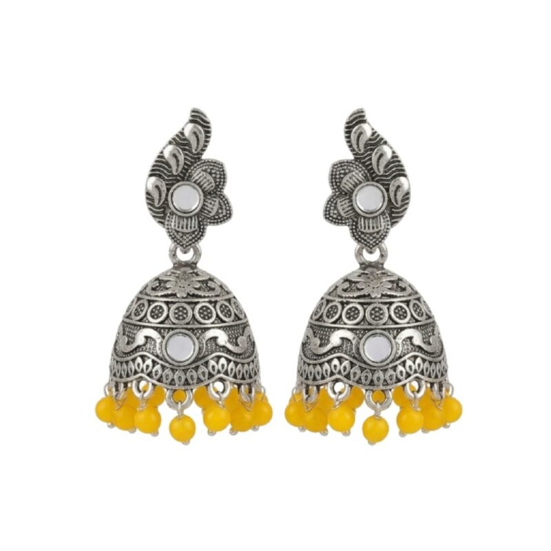 Antique Silver Floral Jhumka Earrings with Yellow Beads