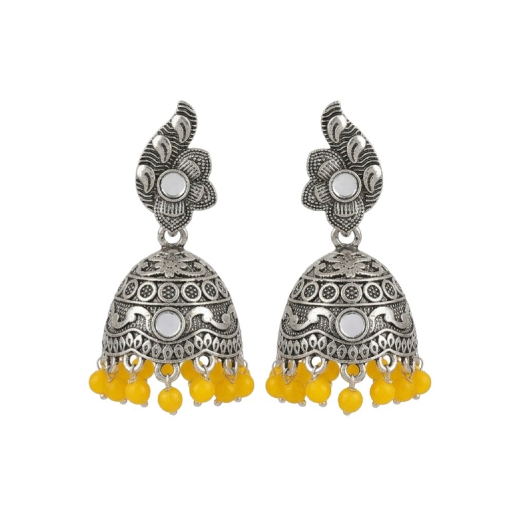 Antique Silver Floral Jhumka Earrings with Yellow Beads