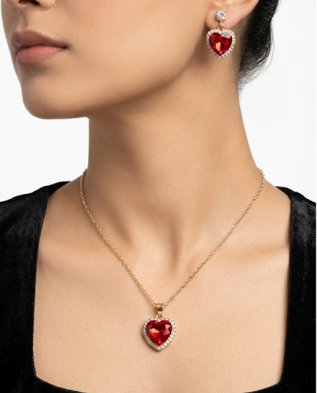 Red Heart Necklace With Tops Set Golden - Red